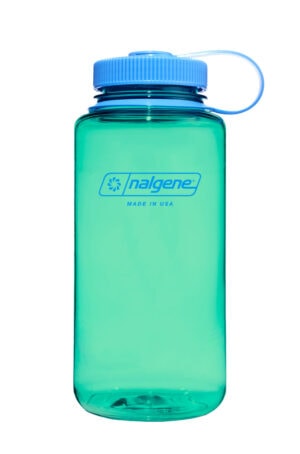A teal Nalgene water bottle with a blue lid and carrying loop, displayed against a white background.