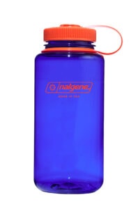 A blue Nalgene water bottle with an orange lid and logo, standing upright on a white background.