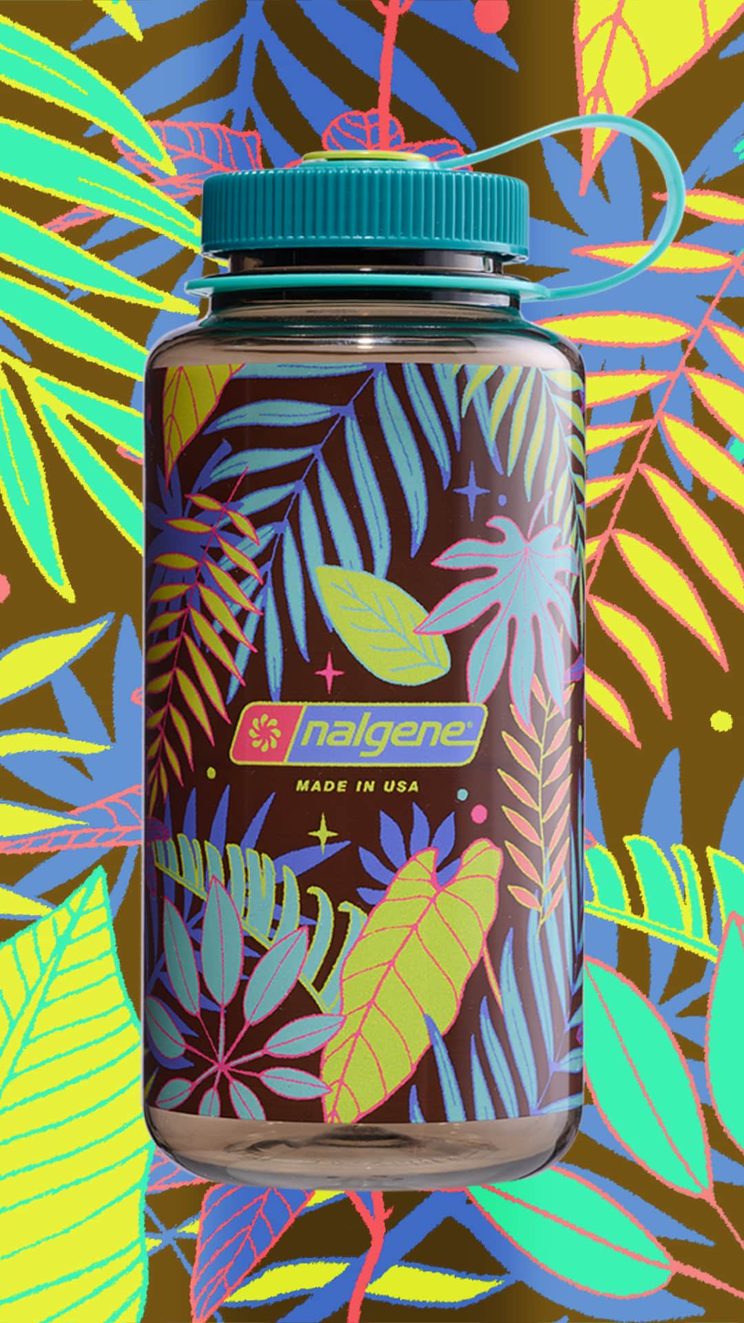 A 32oz Wide Mouth Psychedelic Botanical Print Bottle with a colorful tropical leaf design on a matching vibrant leafy background.