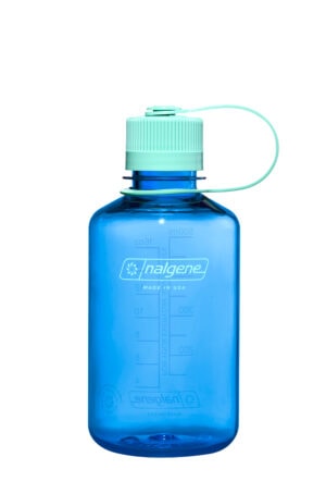 A 16oz Narrow Mouth Sustain Water Bottle in blue with a light green cap and measurement markings, on a white background.