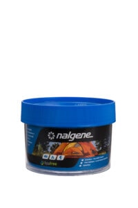 A clear 16oz Storage Jar - Blue Lid, featuring a camping tent graphic and a BPA-free label.