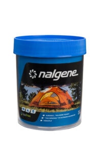 The 32oz Storage Jar - Blue Lid features a camping tent design and a BPA-free label on the front.