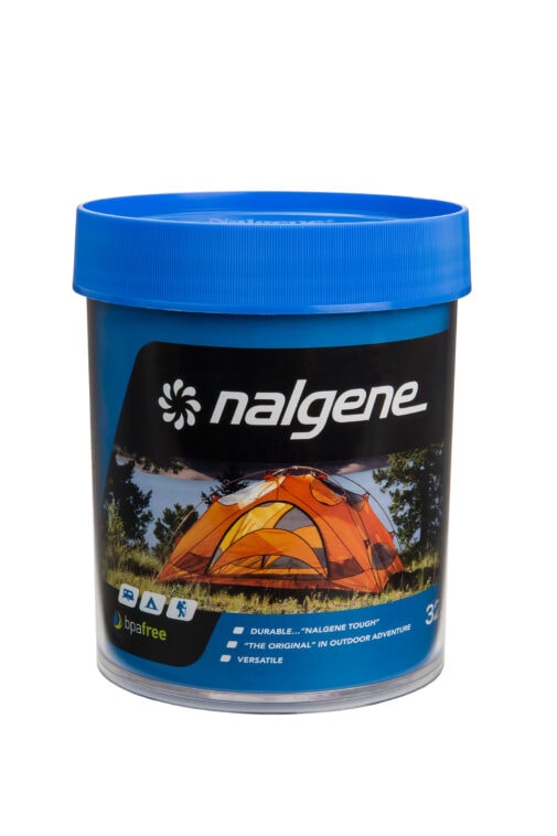 The 32oz Storage Jar - Blue Lid features a camping tent design and a BPA-free label on the front.