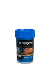 The 8oz Storage Jar - Blue Lid by Nalgene features a camping tent image and outdoor graphics on its label.