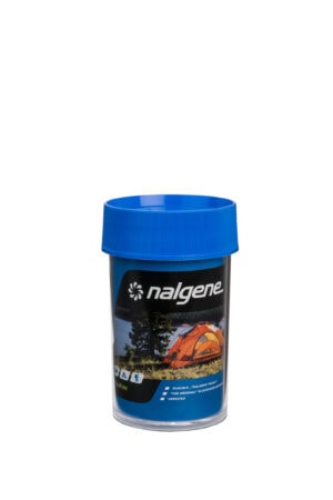 The 8oz Storage Jar - Blue Lid by Nalgene features a camping tent image and outdoor graphics on its label.