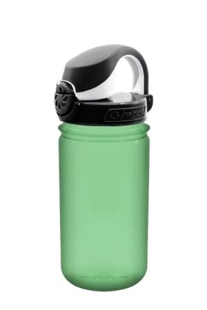 The 12oz Kids On-The-Fly Lock-Top Tritan is a green reusable water bottle with a black lid and built-in handle, shown on a white background.