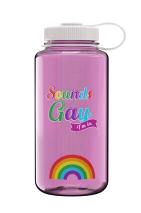 The 32oz Wide Mouth Pride Bottle is pink with "Sounds Gay I'm in." and a rainbow graphic printed on it.
