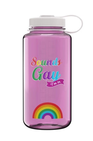The 32oz Wide Mouth Pride Bottle is pink with "Sounds Gay I'm in." and a rainbow graphic printed on it.