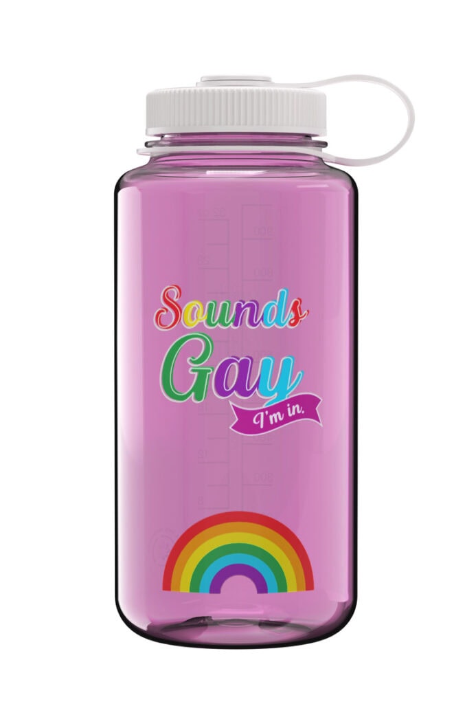 The 32oz Wide Mouth Pride Bottle is pink with "Sounds Gay I'm in." and a rainbow graphic printed on it.