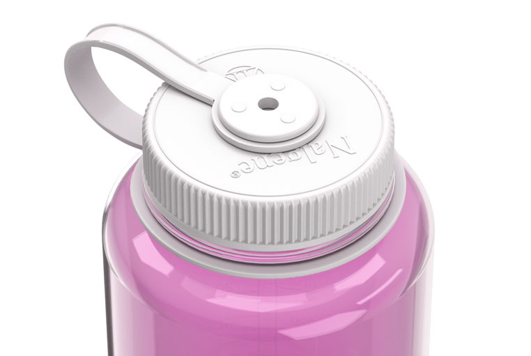Close-up of the 32oz Wide Mouth Pride Bottle, featuring a pink design with a white screw-on lid and a carrying loop.