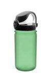 The 12oz Kids On-The-Fly Lock-Top Tritan is a green water bottle with a black flip-top lid and carrying handle, shown on a white background.