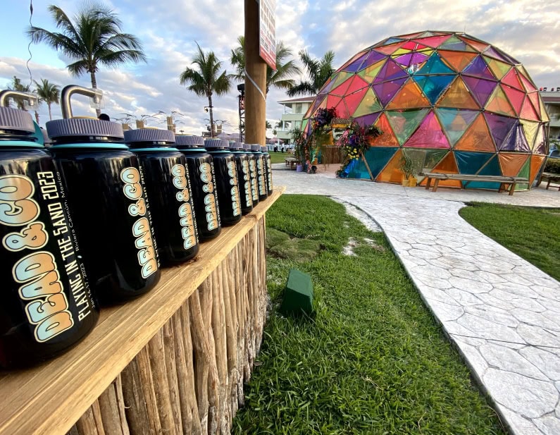 Row of "Dead & Co Playing in the Sand 2023" water bottles near a colorful geodesic dome and palm trees.