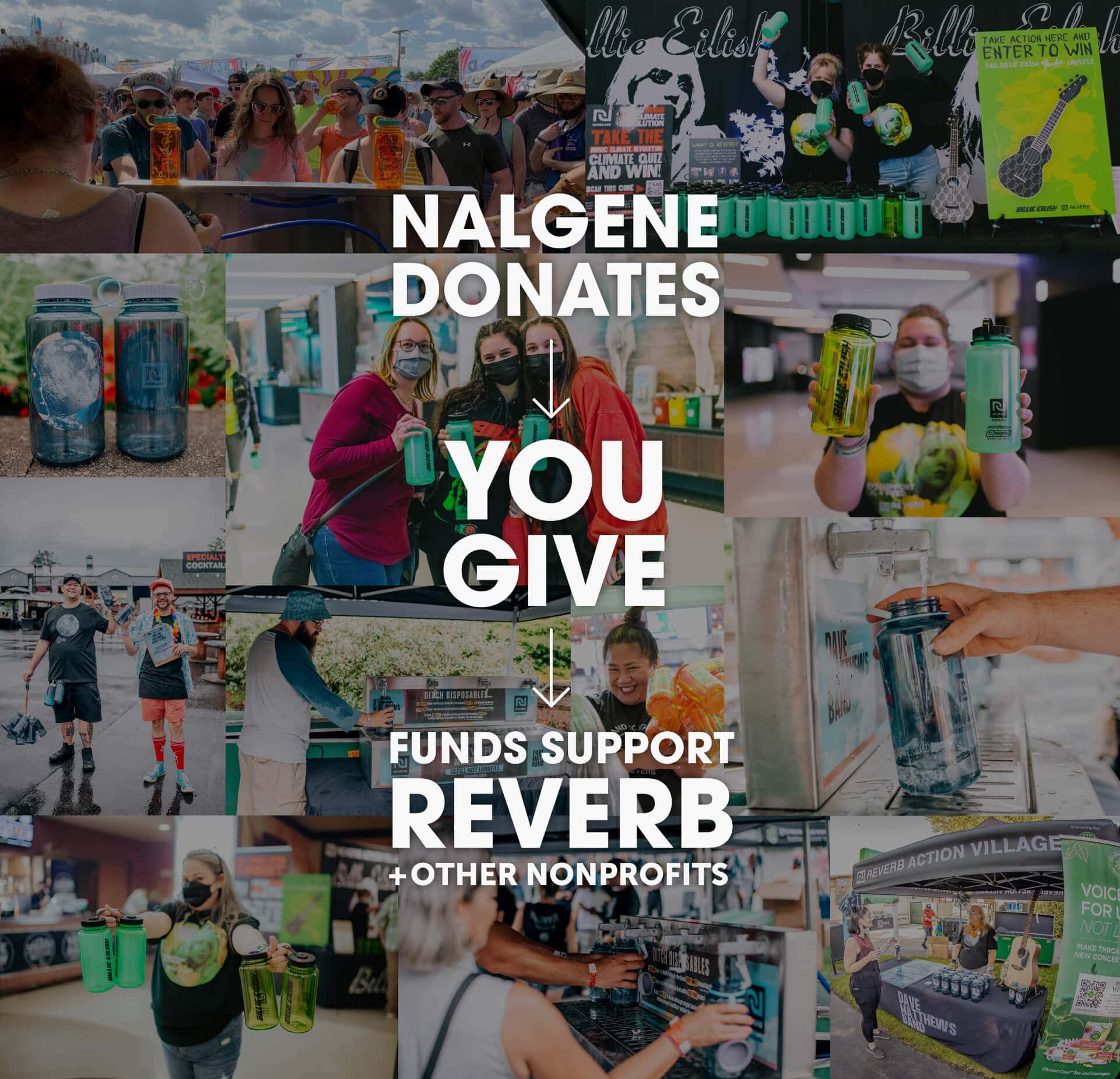 Collage of people at an event holding Nalgene bottles with text about Nalgene donating to REVERB and nonprofits.