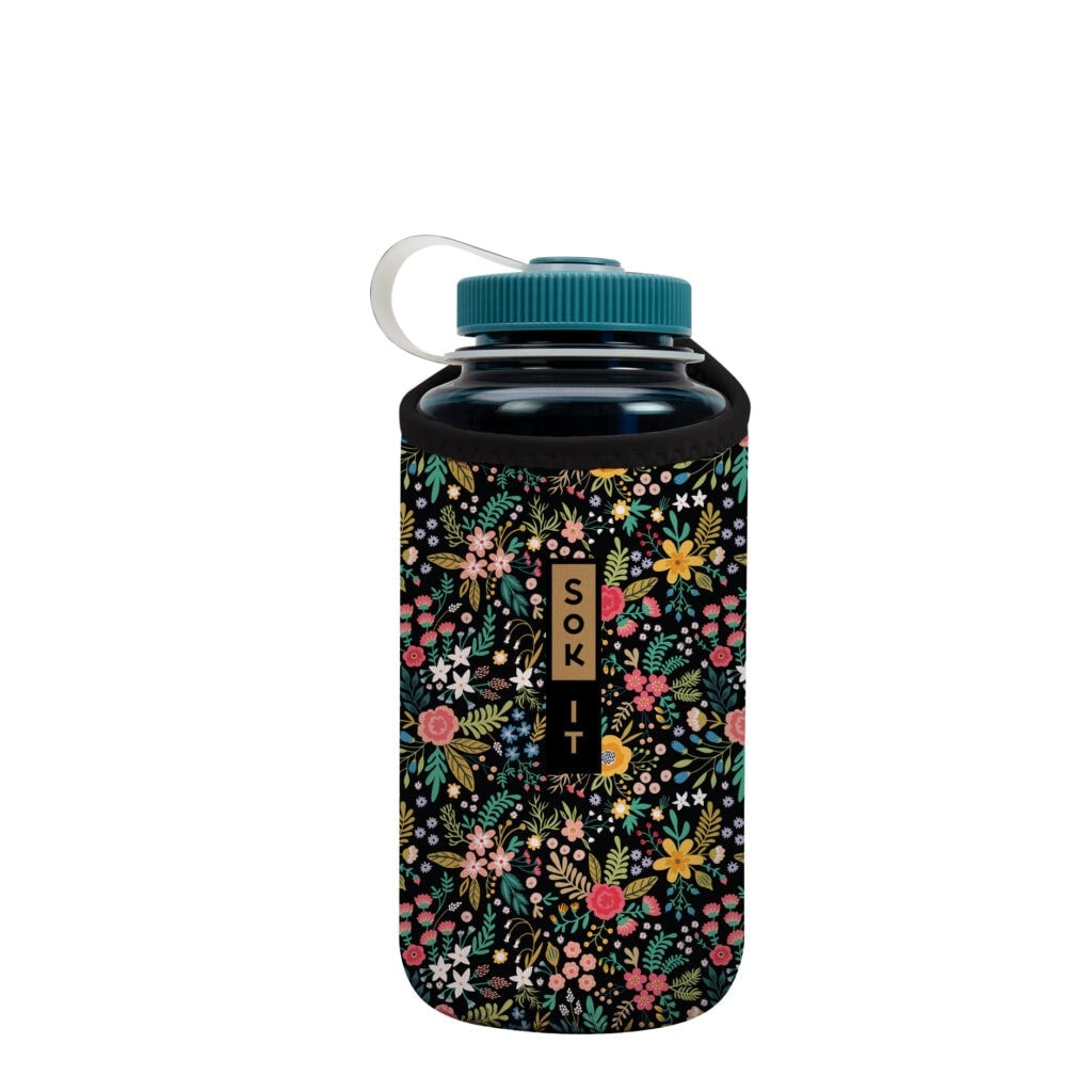 Sok-It 32oz Bottle Sleeve: clear bottle with teal lid, black floral sleeve with colorful flowers and "SOK IT" text.