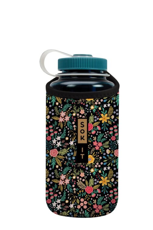 Sok-It 32oz Bottle Sleeve: clear bottle with teal lid, black floral sleeve with colorful flowers and "SOK IT" text.