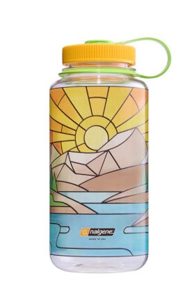 32oz Wide Mouth Stained Glass Print Bottle featuring a mountain and sun design, yellow lid, and green carrying loop.