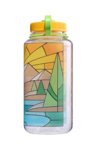 Clear water bottle with a yellow lid, green handle, and a colorful geometric nature design on the side.