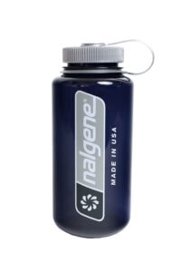 A dark blue 32oz Wide Mouth Large Logo Nalgene bottle with a gray lid and "Made in USA" printed on the front.