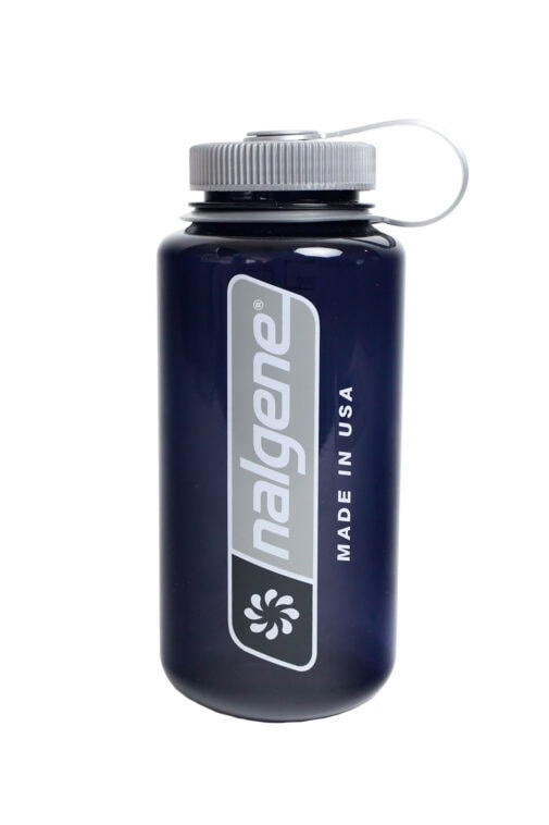 A dark blue 32oz Wide Mouth Large Logo Nalgene bottle with a gray lid and "Made in USA" printed on the front.