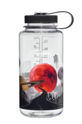 The 32oz Wide Mouth Surrealist Bottle features clear design and space-themed art with planets, mountains, a road, and an astronaut.