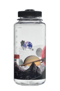 The 32oz Wide Mouth Surrealist Bottle features a clear design with planets, mountains, and Earth in a unique space-themed motif.
