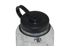 The 32oz Wide Mouth Surrealist Bottle features clear plastic, a black screw-on lid, and a looped handle, displayed on a white background.