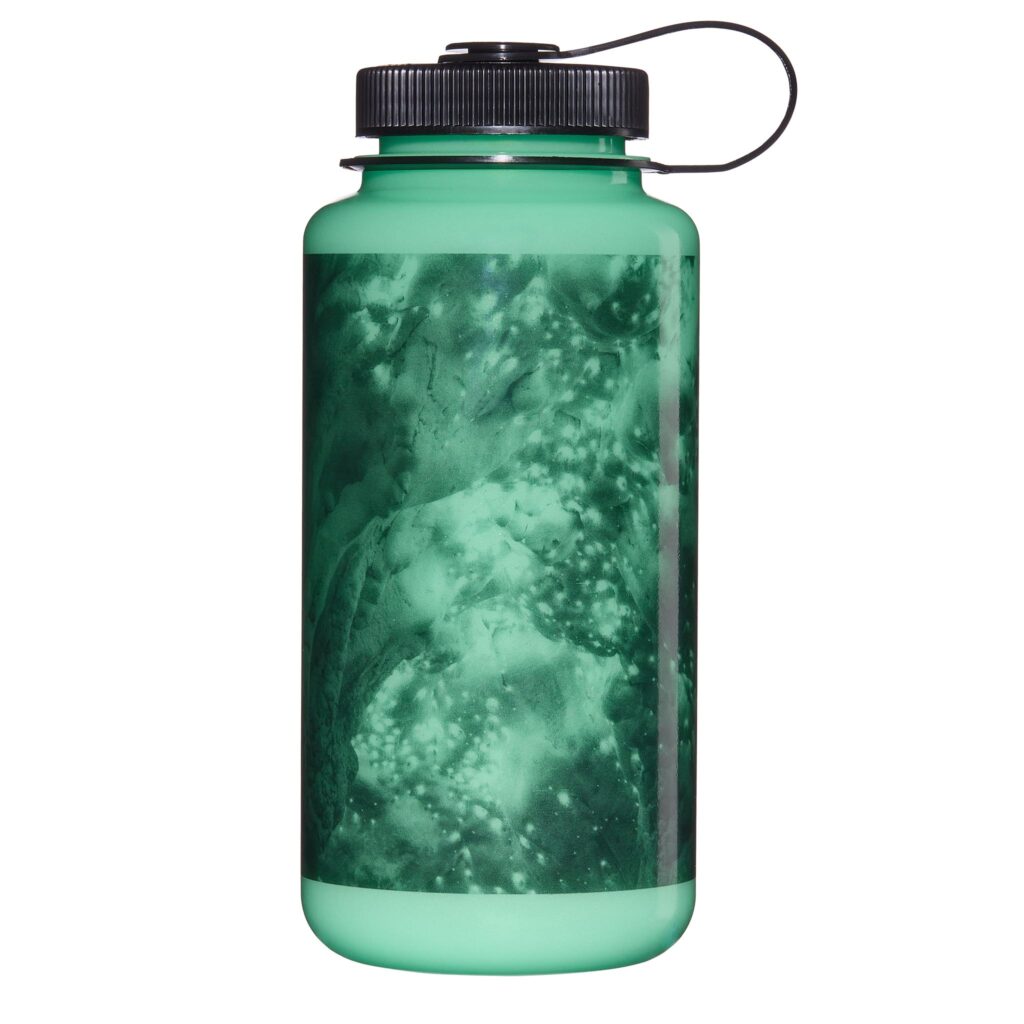 Recyclable water bottle with dinosaur graphic, BPA-free, eco-friendly hydration, Nalgene durable plastic.