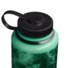 32oz Wide Mouth Surrealist Bottle, green with a black screw-on lid and handle, shown close up from an angled top view.