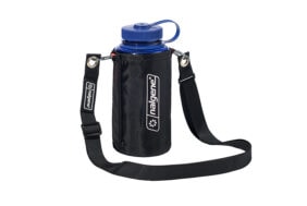 Blue Nalgene water bottle in a Foldable Bottle Sleeve with shoulder strap and Nalgene logo.