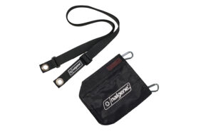 The Foldable Bottle Sleeve is a black pouch with a strap and metal clips, ideal for carrying small items or bottles.