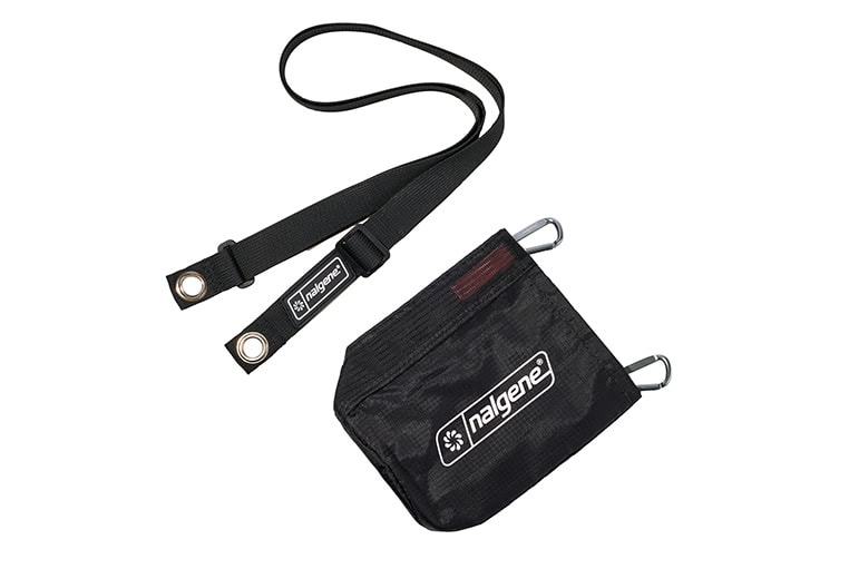 The Foldable Bottle Sleeve is a black pouch with a strap and metal clips, ideal for carrying small items or bottles.