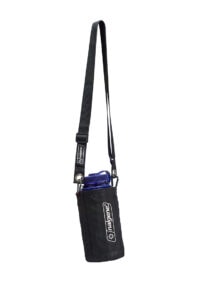 Foldable Bottle Sleeve in black with adjustable shoulder strap, includes a blue water bottle inside.