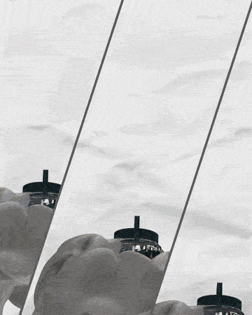 A black lighthouse emerges through clouds, reflected in angled mirrors against a gray sky.