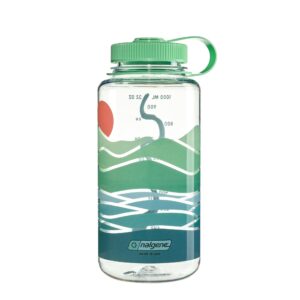 Appalachia Nalgene Water Fund Bottle featuring a green lid, wavy teal design, and a red sun printed on the clear side.