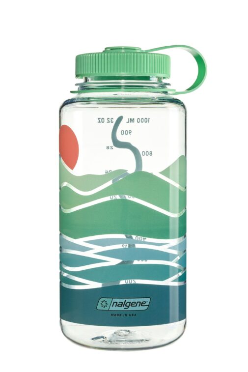 Appalachia Nalgene Water Fund Bottle featuring a green lid, wavy teal design, and a red sun printed on the clear side.