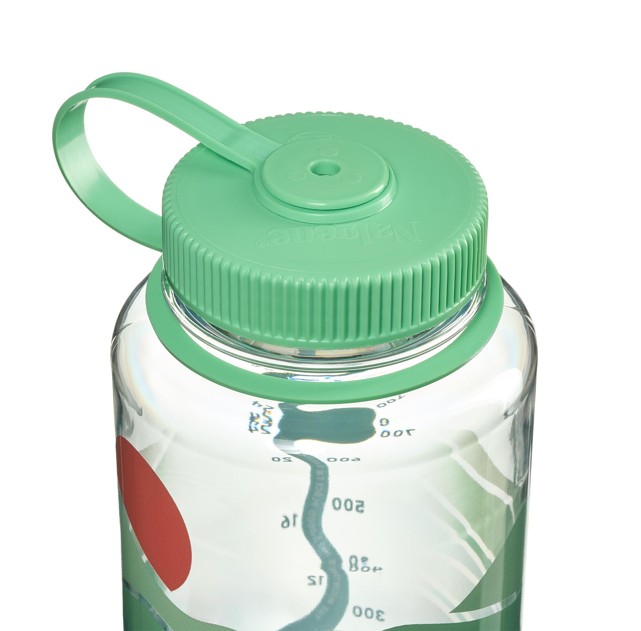 The Appalachia Nalgene Water Fund Bottle is clear with a green screw-on lid, carrying loop, and measurement markings.