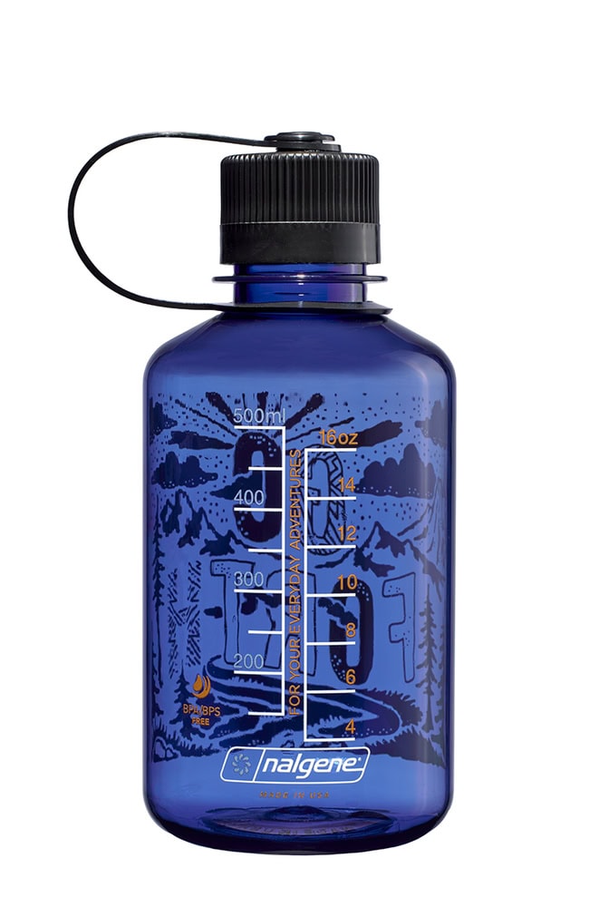 A back of a blue water bottle with a black lid.