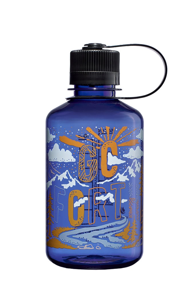 16oz Narrow Mouth Wild Expressions Bottle featuring a blue design with a mountain scene and "GO FOR IT" in bold orange and white letters.