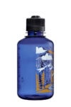 Blue water bottle with black cap, featuring a mountain and forest illustration in white and orange.