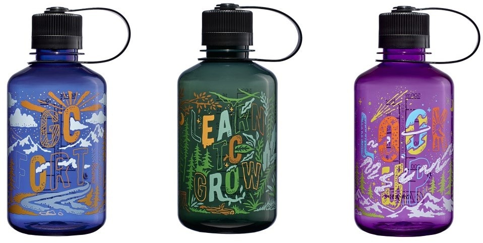 Three colorful water bottles with illustrated outdoor designs and phrases: “Create,” “Grow,” and “Lose Yourself.”.
