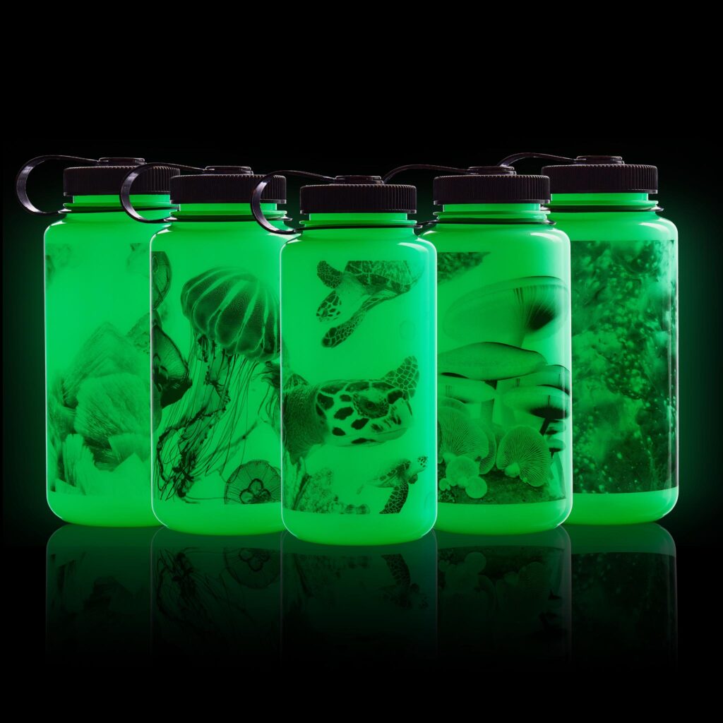 Five glowing green water bottles with black lids, each featuring sea creature and ocean life designs.