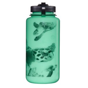 32oz WM Glo Wyld: Green water bottle featuring black sea turtle illustrations and a black screw-on lid.