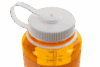 Close-up of an orange translucent water bottle with a white screw-on lid and a carrying loop.