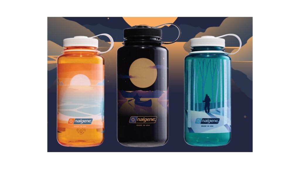 Three Nalgene water bottles with scenic outdoor designs: sunset, moonlit night, and winter forest.
