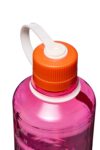 Close-up of the 16oz NM Thrill & Motion, a pink water bottle with an orange cap and white handle, shown against a white background.