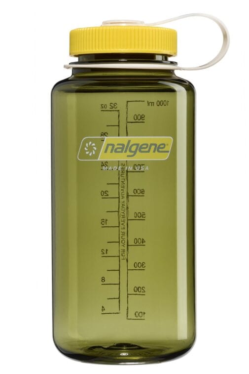 Olive green Nalgene water bottle with a yellow lid and clear measuring marks on the side.